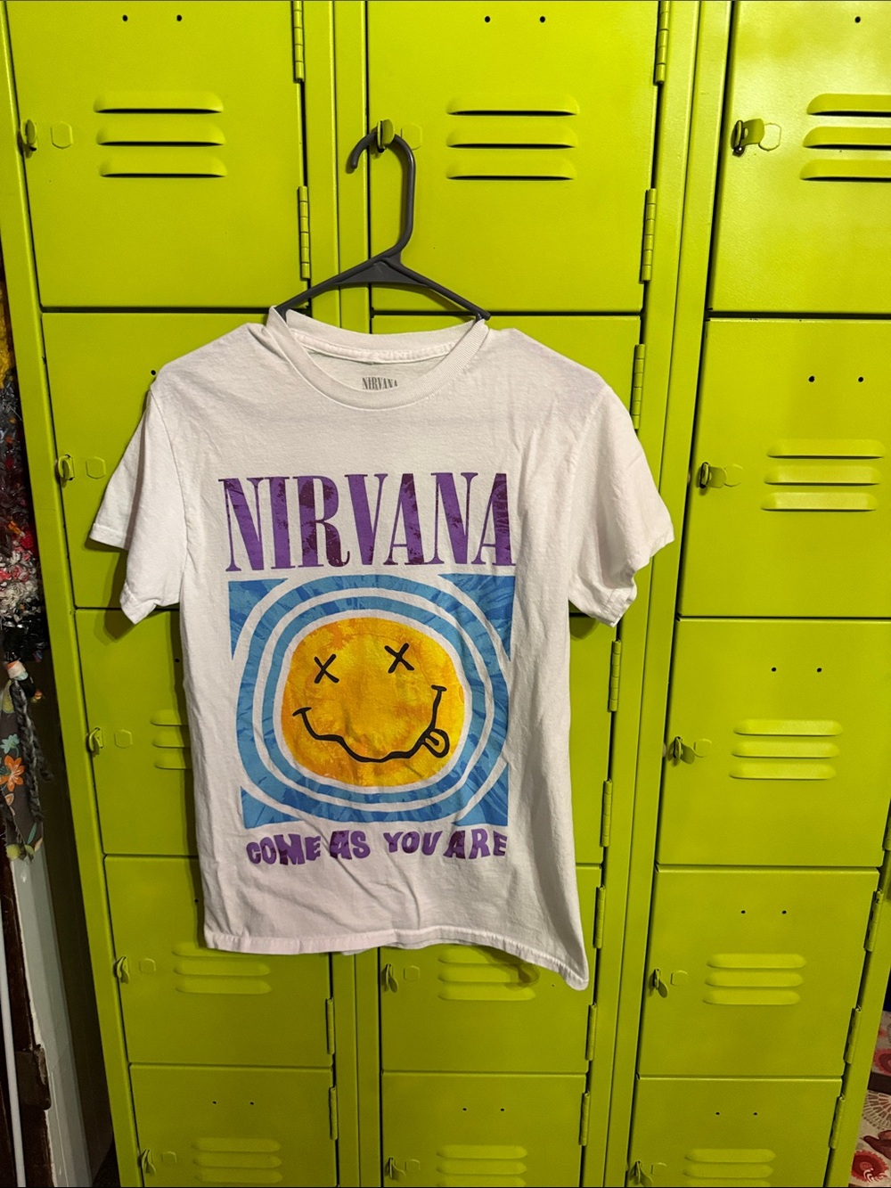 NIRVANA White Tee with Purple Logo and Yellow Smiley